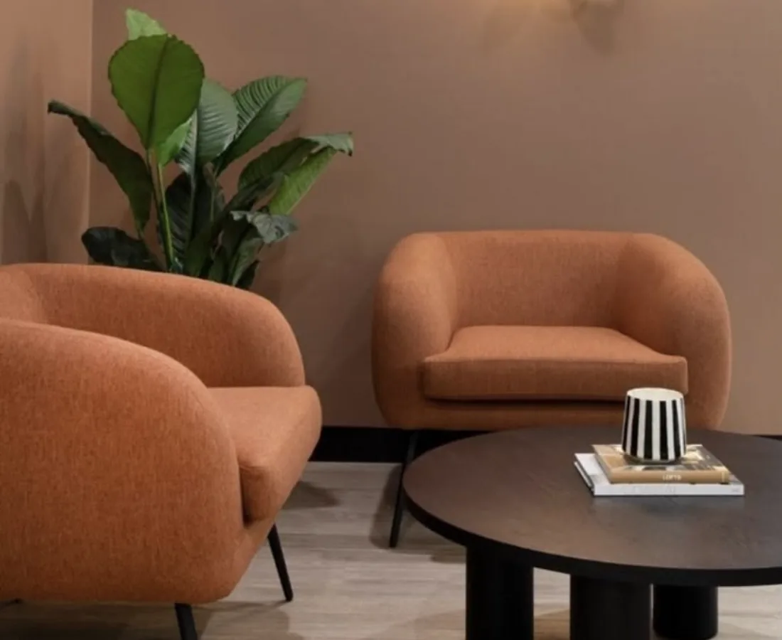 Una stanza accogliente con due poltrone color terracotta e un tavolino